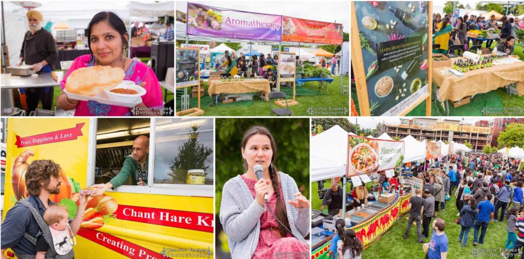 VegFest collage: food vendors, information booths and crowds