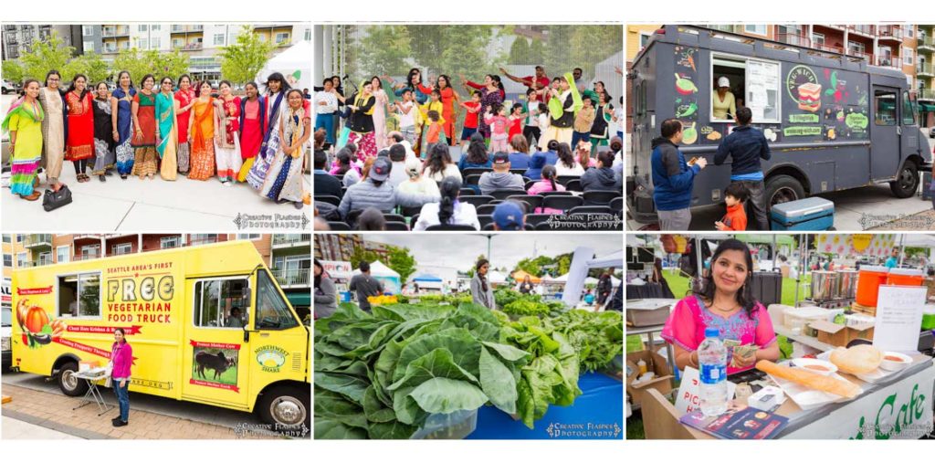 VegFest collage: performers, visitors, a food truck and fresh greens
