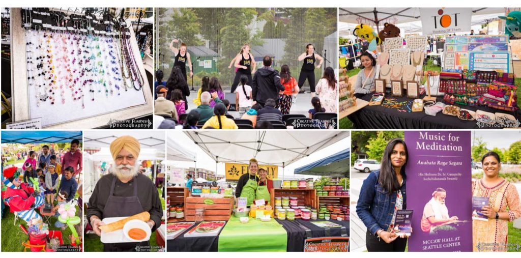 VegFest collage: dance performance, vendors and a meditation booth