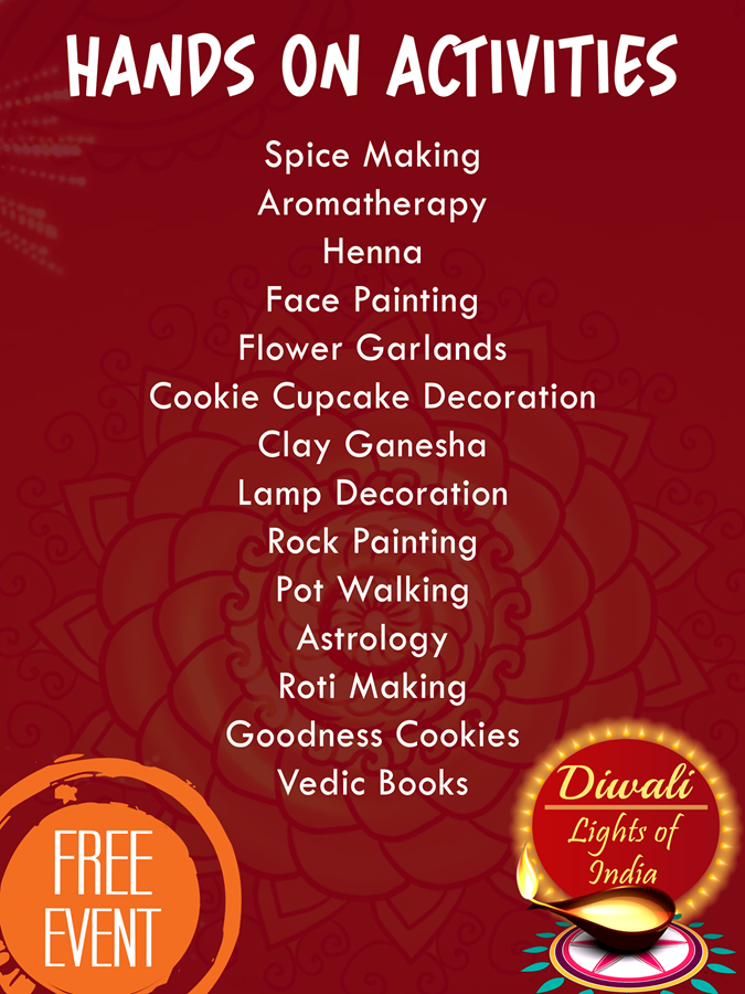 2025 Diwali hands-on activities: spice making, aromatherapy, henna, face painting, flower garlands, cookie and cupcake decoration, clay Ganesha, lamp decoration, rock painting, pot walking, astrology, roti making, goodness cookies and Vedic books