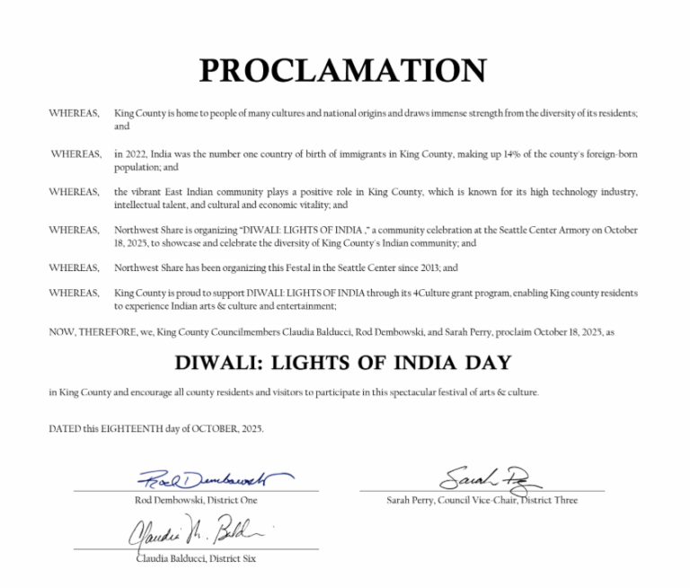 King County proclamation recognizing Diwali, October 18, 2025