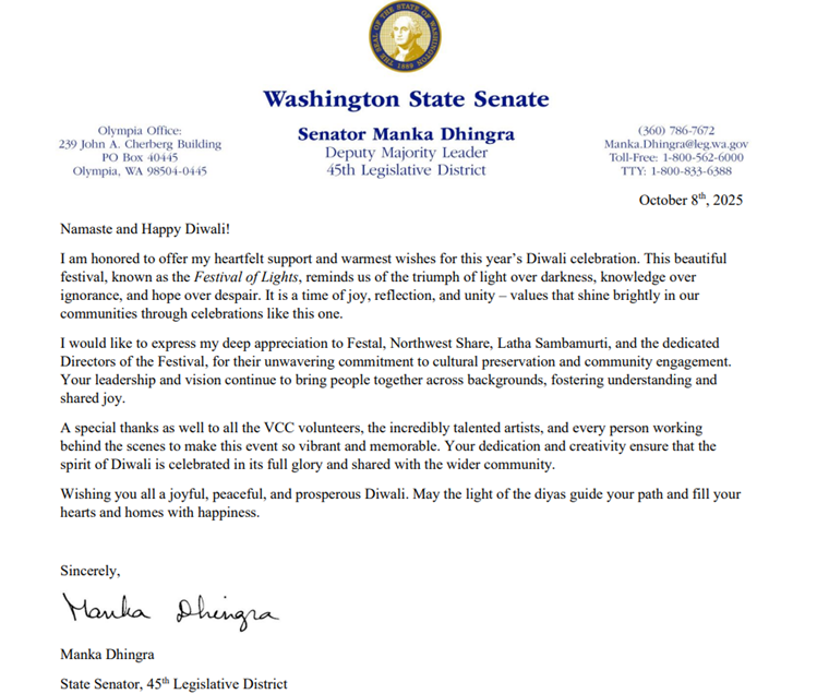 Letter of greeting from Washington State Senator Manka Dhingra, October 8, 2025